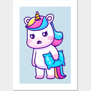 Cute Sleepy Unicorn Holding Pillow Cartoon Posters and Art